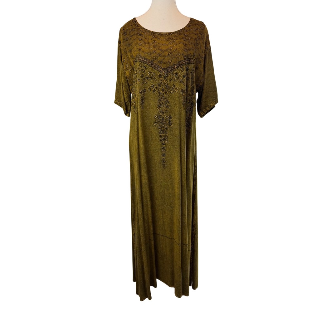 Olive Green Embroidered Maxi Dress Free Size Boho Artisan Hippie Earthy Comfort